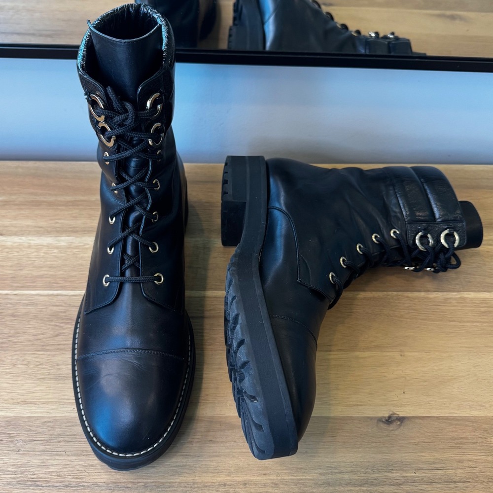 Stuart Weitzman Sondra Women 12 Black Leather Cap Toe Combat Boots Gold Eyelets